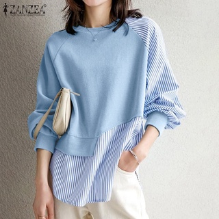 Zanzea เสื้อลําลองแฟชั่นสําหรับสตรีแขนยาวคอกลมลาย Patchwork ทรงหลวมสไตล์เกาหลี