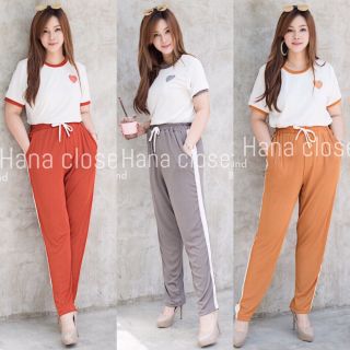 ชุดเซ็ท​สาวอวบ​ เสื้อคอกลม แขนสั้น+กางเกงขาวยาว แต่งแถบ
