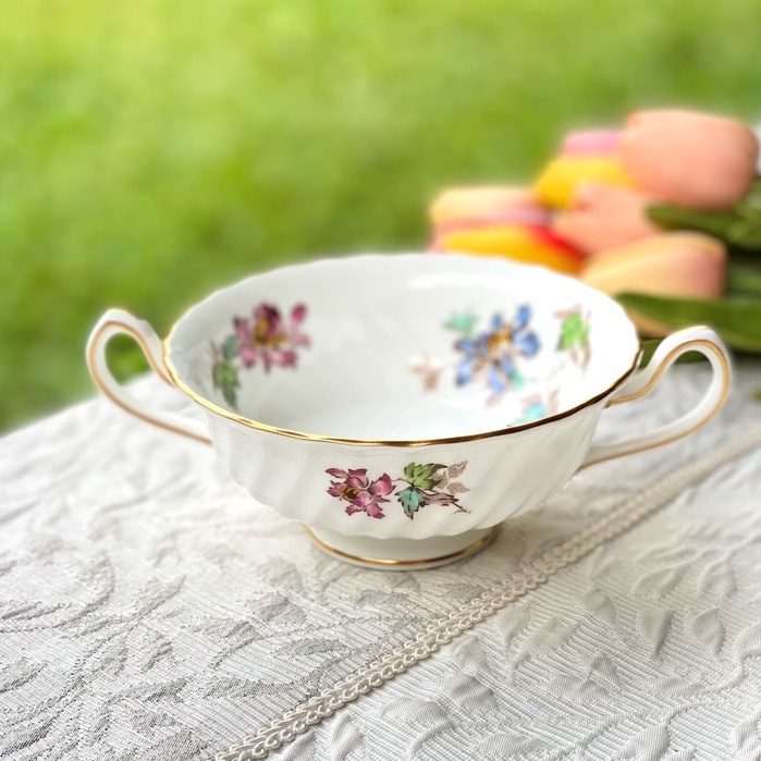 *มีตำหนิ* ถ้วยซุป Minton "Vermont" Soup/Cream Bowl and Saucer Made in England (S365) แสตมป์เก่า ชามซ