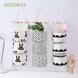 NEEDWAY Black White Pattern Sundries Storage Bag Cotton Linen Hanging Organizers Hanging Storage Bag Cosmetic Wall Mounted Toys Organizer 3 Pockets Hang Bag Wardrobe Organizer Wall  Pouch