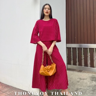 THONGYOY-Set Pants - Bamboo stripes เซ็ทกางเกงขาบานลายริ้ว ชุดทำงาน ชุดสีแดง ชุดกางเกงสวยๆ ชุดเซ็ทเเขนยาว ชุดลายทาง