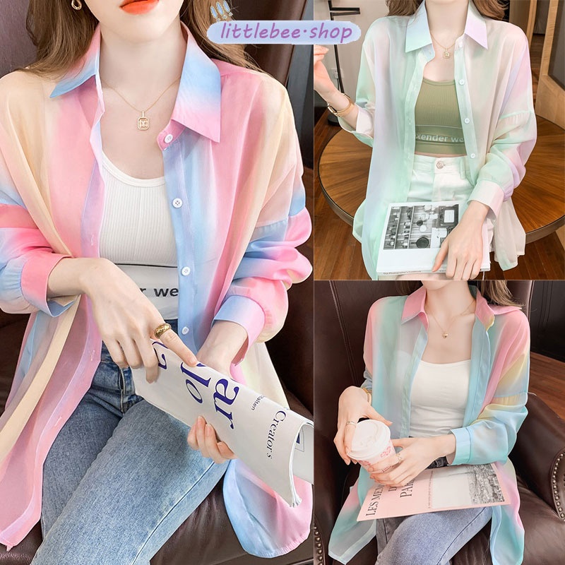 ❤️littlebee❤️  W207เสื้อป้องกันแสงแดด เสื้อเชิ้ตผู้หญิง เสื้อเชิ้ตชีฟอง สไตล์เกาหลี เนื้อผ้าเบาบาง สวมใส่สบาย