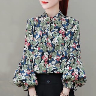 เสื้อเชิ้ต เกาหลี ดอกไม้ ชีฟอง ปลอกโคมไฟ เสื้อเชิ้ต หลวม บาง แฟชั่น เสื้อ Shirt Size S-2XL