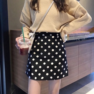〰️SK-02🌟 Polka Dots Skirt กระโปรงลายจุดทรงเอผ้าลูกฟูก มีซิปข้าง ใส่เข้ารูปสวย