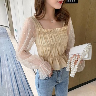 ✨เสื้อแขนยาว ช่วงแขนซีทรูลายจุด สม็อคช่วงตัว🎀 ระบายคอ ผ้าใส่สบาย ห้ามพลาดสวยมากกกกก