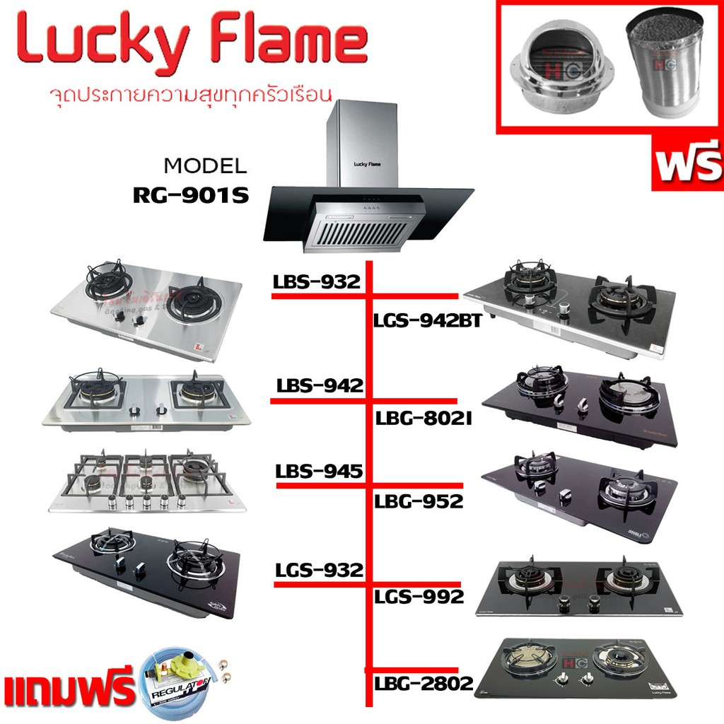 เครื่้องดูดควัน Lucky Flame รุ่น RG-901S ซื้อคู่ เตาแก๊สฝัง Lucky Flame(ฟรีชุดหัวปรับแก๊ส SAFETY,ท่อเฟค,หน้ากากกันแมลง)
