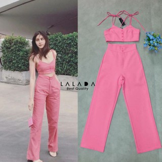 LALADA👗: set เสื้อครอปสั้นกระดุมหน้าเนื้อผ้าดี มาคู่กับกางเกงขายาวสีเดียวกัน สีชมพู