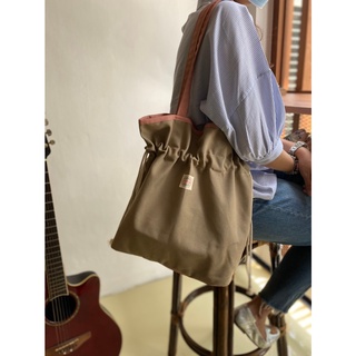 Khaki/Pink Canvas Ruffle Tote bag / drawstring bag กระเป๋าผ้าแคนวาส ทรงหูรูด Underlinebags