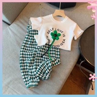 Girls cotton suit Western style 2022 summer new middle-children short-sleeved T-shirt two-piece set baby girls anti-mosquito pants trendy