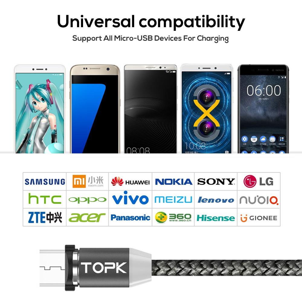 TOPK LED สายชาร์จไนล่อนถักเเม่เหล็ก อัพเกรด Micro USB Cable สำหรับ OPPO R9 #5