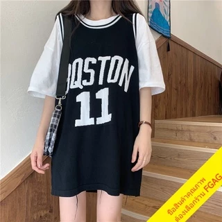 เสื้อแขนกุดผู้หญิง oversize วัยรุ่นแฟชั่นสไตล์เกาหลี ปาดไหล่สตรีทกีฬา ฮิปฮอป ใส่ได้ทั้งผู้ชานเเละผู้หญิง