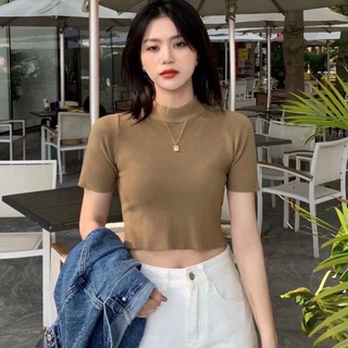 ✨Sakura.official✨730-1/DD-45#เสื้อครอปเอวลอย#เสื้อไหมพรมเเขนสันคอเต่าเนื้อผ้านุ่ม