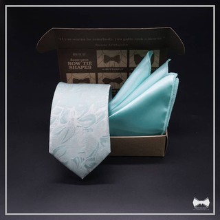 เซ็ทเนคไทลายดอกไม้เขียวมิ้นท์ + ผ้าเช็ดหน้าสูท-Silk Blend Mint Floral Necktie+ pocket square