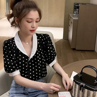 Xixilixiaojie เสื้อชีฟอง คอวี ลายจุด สไตล์เกาหลี