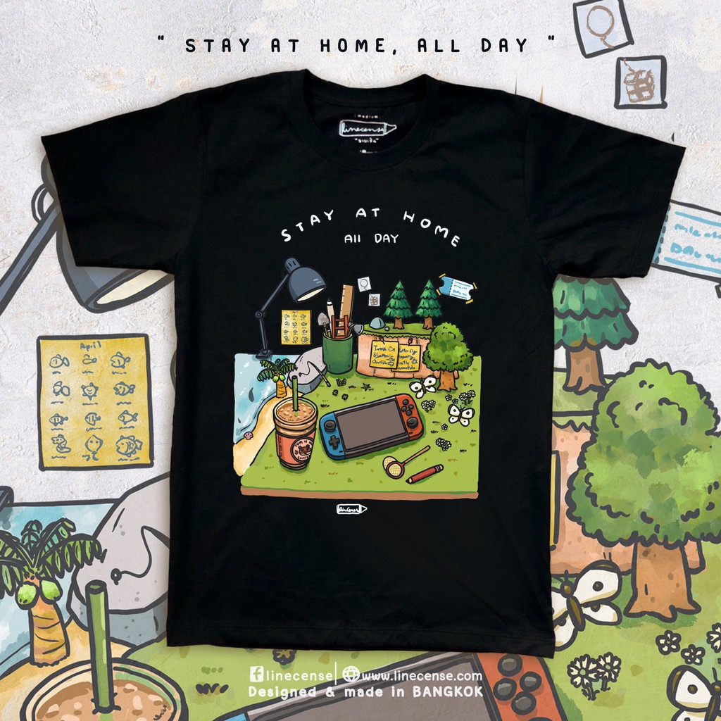 Stay at Home "All Day“ Black T-shirt premium cotton  เสื้อยืด สีดำ ลายเกมส์