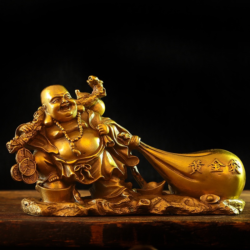 ▧✵✟Pure Copper, Maitreya Buddha Statue, Big Belly Laughing Buddha Ornaments, Cloth Bag Monk, Gold Bag, Lucky, Company Op