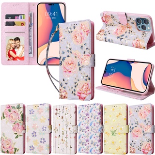 เคสโทรศัพท์หนัง Pu นิ่ม ฝาพับ ลายดอกไม้ ผีเสื้อ พร้อมช่องใส่บัตร หรูหรา สําหรับ iPhone 13 11 12 Mini 13 Mini XR XS Max X XS 13 Pro