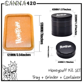 HONEYPUFF Grinder + Tray Set Plastic Rolling Tray + Metal Grinder + Metal Storage Container Jar Accessories เครื่องบด