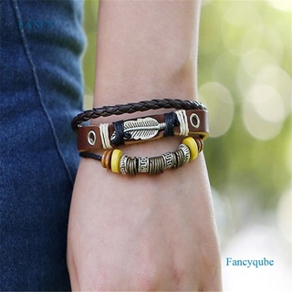 Fancyqube สร้อยข้อมือหนัง แฮนด์เมด สไตล์วินเทจ ยิปซี ยิปซี ฮิปปี้ พังก์ สีน้ําตาล ขนนก โลหะ เสน่ห์ ห่อ Evileye ทุกเพศ ปรับได้ หลายชั้น