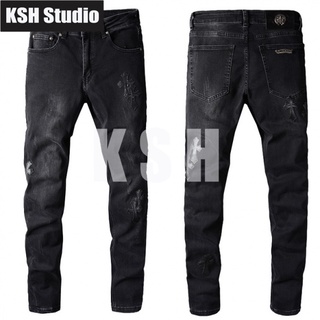 CH Jeans Cross Leather Patchwork Washed Straight Mens and Womens Jeans