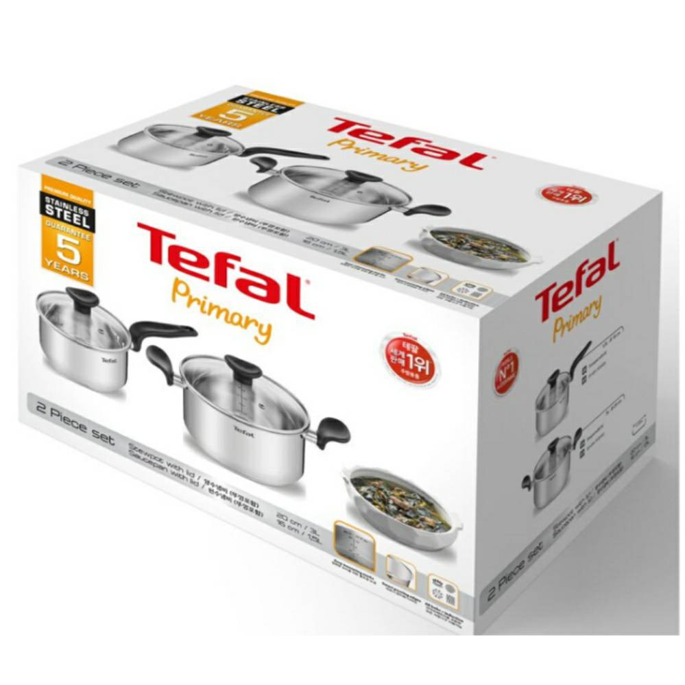 Tefal ชุดเครื่องครัว Primary Set 4 ชิ้น หม้อ 2 หู พร้อมฝาแก้ว + หม้อด้าม พร้อมฝาแก้ว รุ่น E308S474