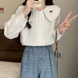 Suxi เสื้อเชิ้ตแขนยาว คอตุ๊กตา ทรงหลวม เข้ารูป ปักลายน่ารัก สีพื้น