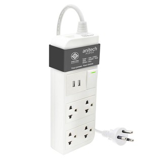 ปลั๊กไฟ(มอก.)+2USB 4 ช่อง 3 เมตร เทา แอนนิเทค H624Power plug (TIS) + 2USB 4 outlets 3 meters Gray Anitech H624