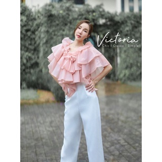 พร้อมส่ง🍵 เสื้อระบายสีชมพูตุ่น +กางเกงขายาวสีขาว🍵 Victoria