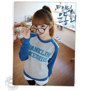 TB 006: เสื้อแขนยาวผ้านุ่ม สวยน่ารัก สีเทา แขนน้ำเงินสว่าง