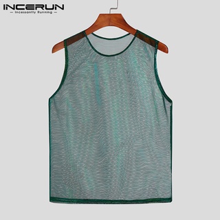 Incerun เสื้อครอปท็อป แขนกุด ซีทรู สีฟ้า เซ็กซี่ เหมาะกับฤดูร้อน สําหรับผู้ชาย