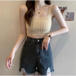 ส่งทันที Cici(NO. 44125) เสื้อครอปTOPไหมพรมสายเดี่ยวทอลาย สีสันสดใสแมทกับกางเกง กระโปรงได้สุด น่ารักเป็นsocuteมากๆ