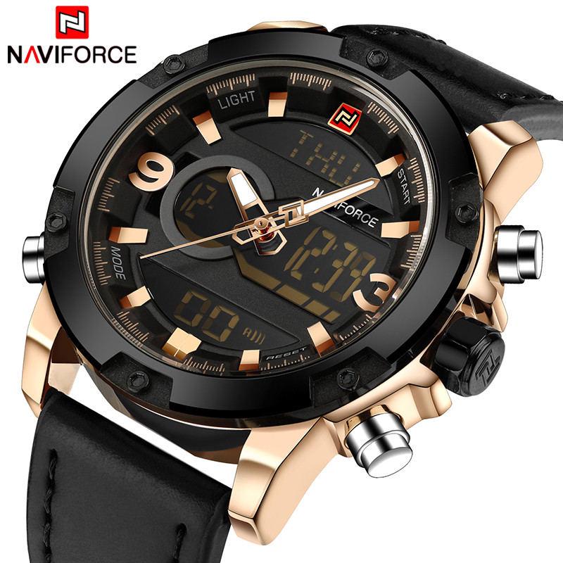 NAVIFORCE แบรนด์หรูผู้ชายอนาล็อกดิจิตอลหนังกีฬานาฬิกาผู้ชายทหารนาฬิกาผู้ชายนาฬิกาควอตซ์ 9097