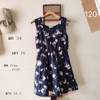เดรส กระโปรง เเขนกุด ลาย ดอกไม้ น้ำเงิน กรม 🌷 L72