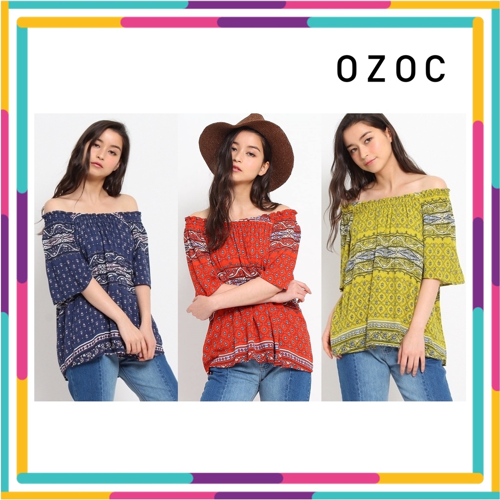 📢📢📢👌🛒 โล๊ะสต๊อคราคาเท【มี 3 สี】Ozoc floral off-shoulder blouse เสื้อผ้าคอตตอนเนื้อยืด ผ้าดีมากค่า