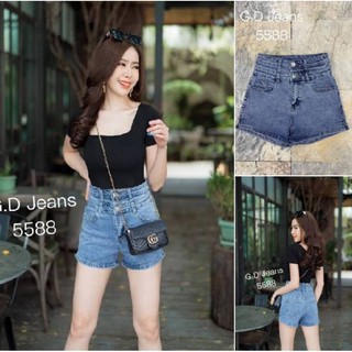 G.D.Jeans รุ่น 5588#กางเกงยีนส์ขาสั้นผ้ายืดเอวสูงสีฟอกทรงเรียบ