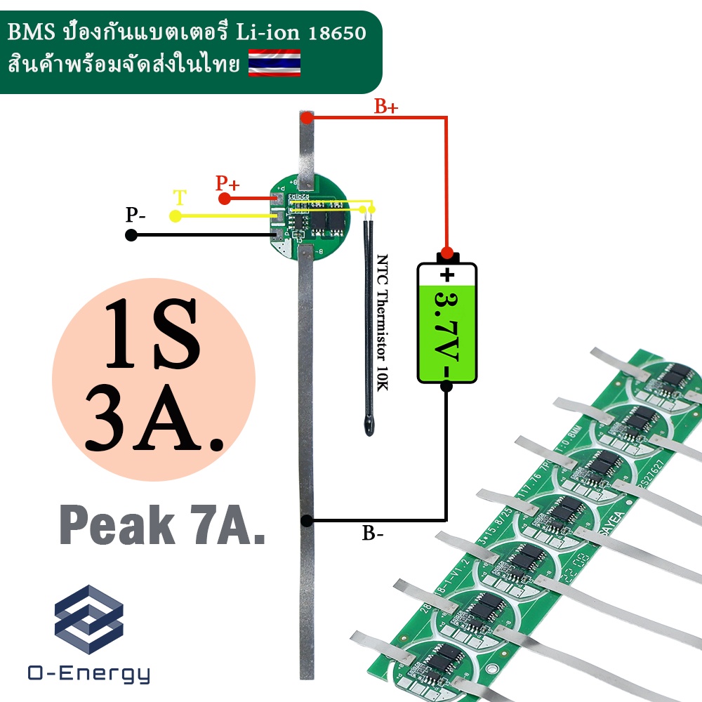 BMS 1S 3A. Peak 7A. ป้องกันแบตเตอรี่ลิเธียม-ไอออน 18650 แบบ 3 สาย ต่อเพิ่ม NTC Thermistor 10K