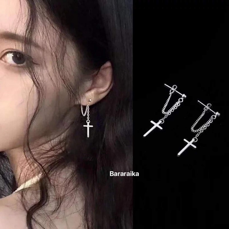 พร้อมส่งจากไทย (H04) ต่างหูแฟชั่นสไตล์เกาหลี ต่างหูโซ่กางเขน 1 คู่
