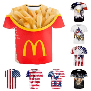 ใหม่เสื้อยืดลําลองแฟชั่นสําหรับผู้ชายผู้หญิงแขนสั้นคอสเพลย์ลาย 3D Fries American Flag