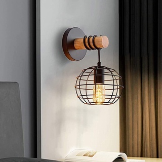 Vintage Wall Light E27 Industrial Design Modern โคมไฟข้างเตียงโคมไฟกรงทำจากเหล็กและไม้ห้องนอน Corridor ห้องนั่งเล่น