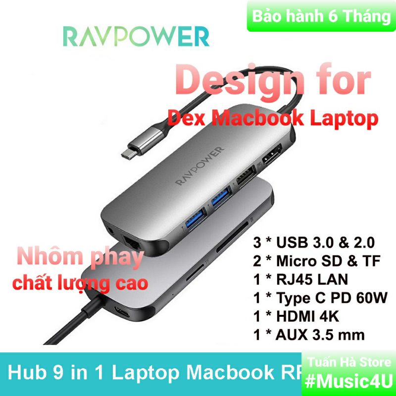 9 in 1 USB to HDMI USB3.0 SD RJ45 อะแดปเตอร์ฮับ 3.5 มม. Venti Aukey RavP สําหรับ Samsung Dex