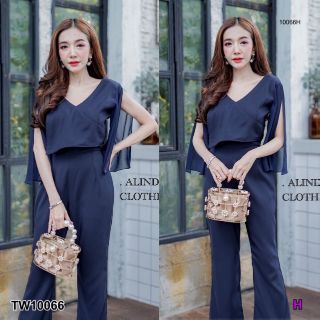 &lt;TW10066&gt;Jumpsuit จั๊มสูทกางเกงขายาว เสื้อตัวยาวป้ายจีบด้านหน้าเนื้อผ้าซาร่า แขนเป็นผ้าชีฟองผ่าใส่ง่าย