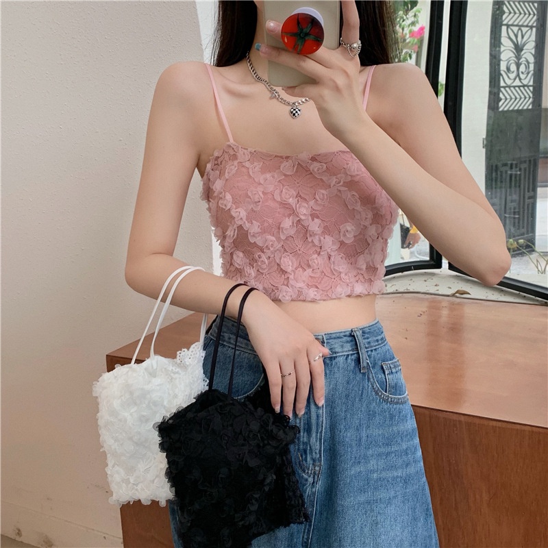 สินค้าพร้อมส่างจากไทยLoveIs Bra(N644)เสื้อครอปสายเดี่ยว ผ้าลูกไม้แต่งกุหลาบ สีหวานสวย