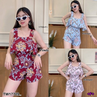 👗Pfashion [ส่งไว!!🚛] P17709 Set 2 ชิ้น เสื้ิสายใหญ่ อกระบายพิมลาย + กางเกงขาสั้น พิมลาย