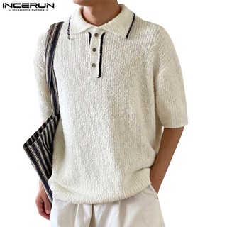 Incerun เสื้อโปโล แขนสั้น ผ้าถัก สไตล์วินเทจ สําหรับผู้ชาย