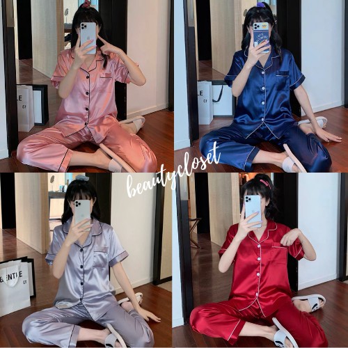 ชุดนอนผ้าซาตินแขนสั้นขายาว ชุดนอนผู้หญิง ผ้าลื่น ซาตินใส่สบายไม่คัน