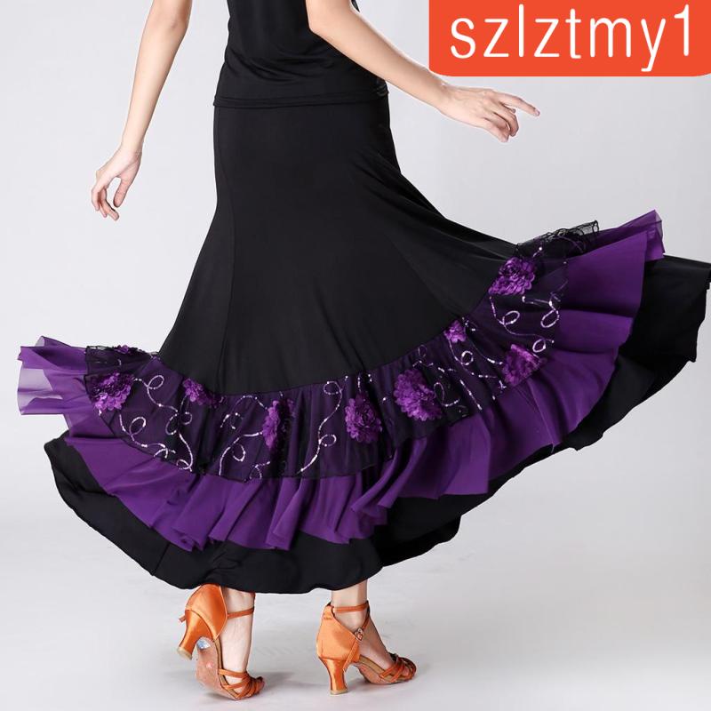 [ Flamenco Ballroom Dance เครื่องแต่งกาย Waltz กระโปรงยาว ประดับเลื่อม สีดํา
