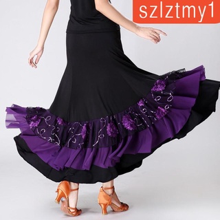 [ Flamenco ชุดเต้นรําบอลรูม Waltz กระโปรงยาว ปักเลื่อม สีดํา + สีแดง