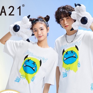 A21outlets เสื้อยืดลําลอง ผ้าฝ้าย แขนสั้น คอกลม ทรงหลวม พิมพ์ลายมอนสเตอร์ตัวเล็ก สําหรับผู้ชาย