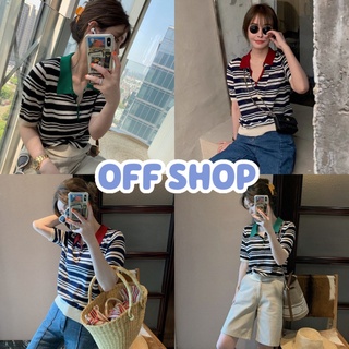 OFF SHOP พร้อมส่ง (OFF-50052)  เสื้อไหมพรมแขนสั้น ลายทาง คอปก ผ้าบางใส่สบาย น่ารักสไตล์เกาหลี