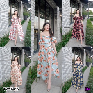 J16415 Dress เดรสยาว ลายดอกไม้ เปิดไหล่ ผ่าด้านหน้า Long dress, floral print, open shoulders, front slit